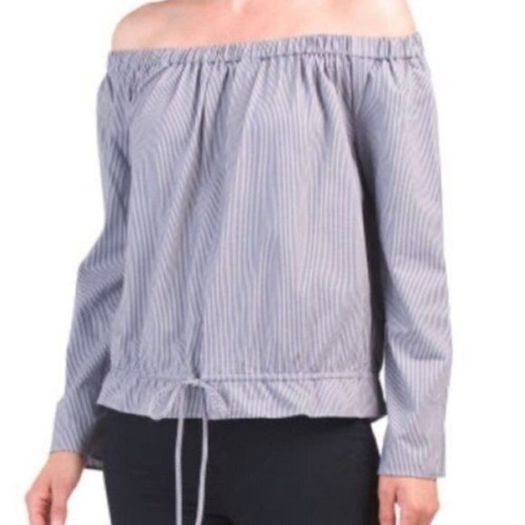 Theory Odettah Seersucker Off the Shoulder Top Blue White Stripe Summer Coastal - Picture 1 of 9